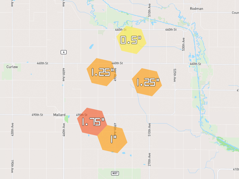 Hail map of Mallard, IA on Jun 28, 2026, hail up to 1.75"