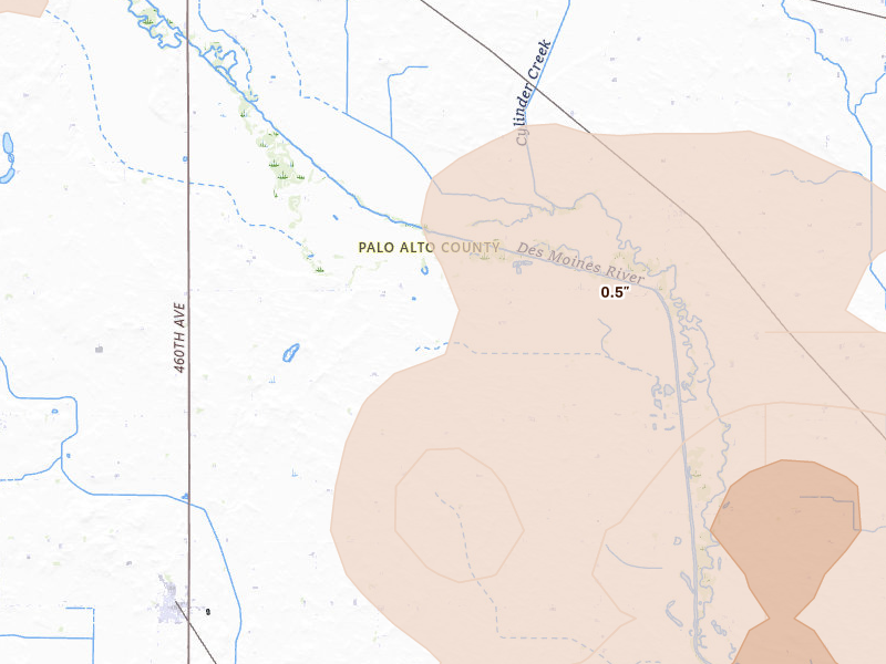 Radar-estimated hail-size map of the storm over Mallard, IA on Aug 8, 2026