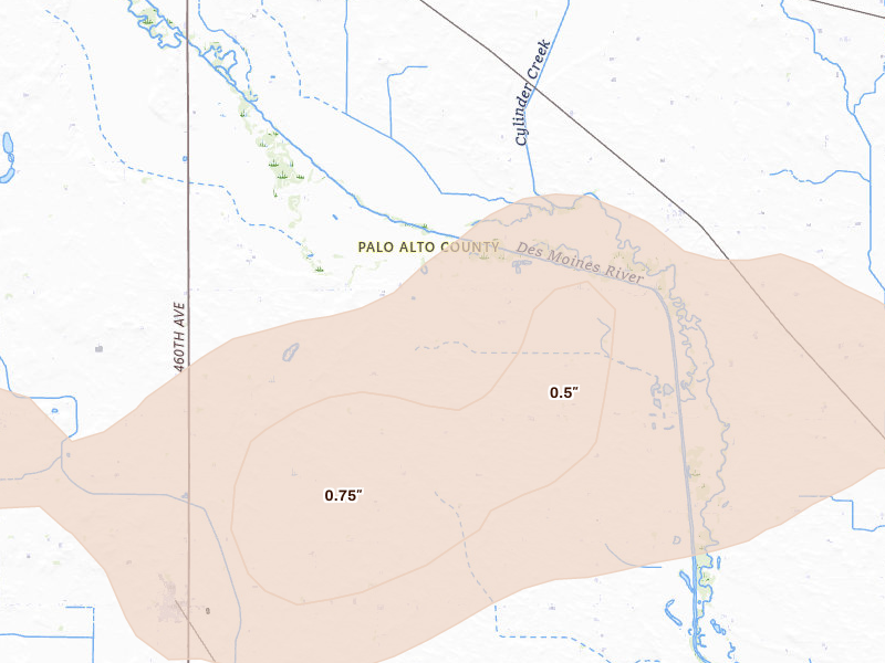 Radar-estimated hail-size map of the storm over Mallard, IA on Sep 1, 2026
