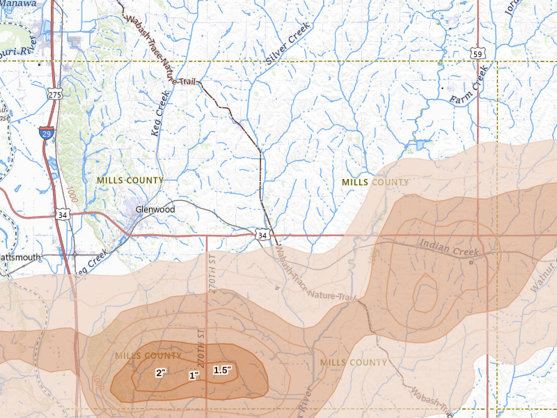 Radar-estimated hail-size map of the storm over Malvern, IA on May 15, 2026