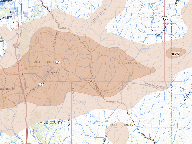 Radar-estimated hail-size map of the storm over Malvern, IA on Jun 5, 2026