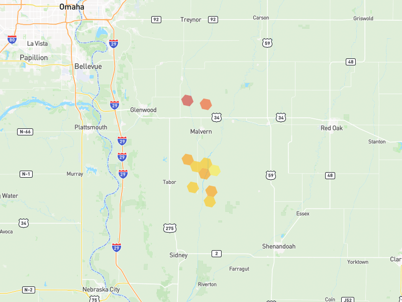 Hail map of Malvern, IA on Jun 6, 2026, hail up to 2.25"