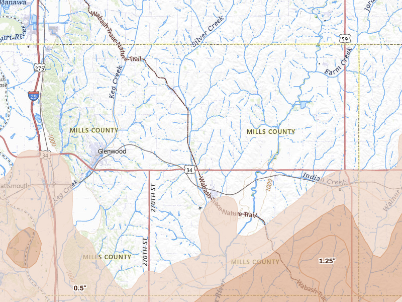 Radar-estimated hail-size map of the storm over Malvern, IA on Jun 10, 2026