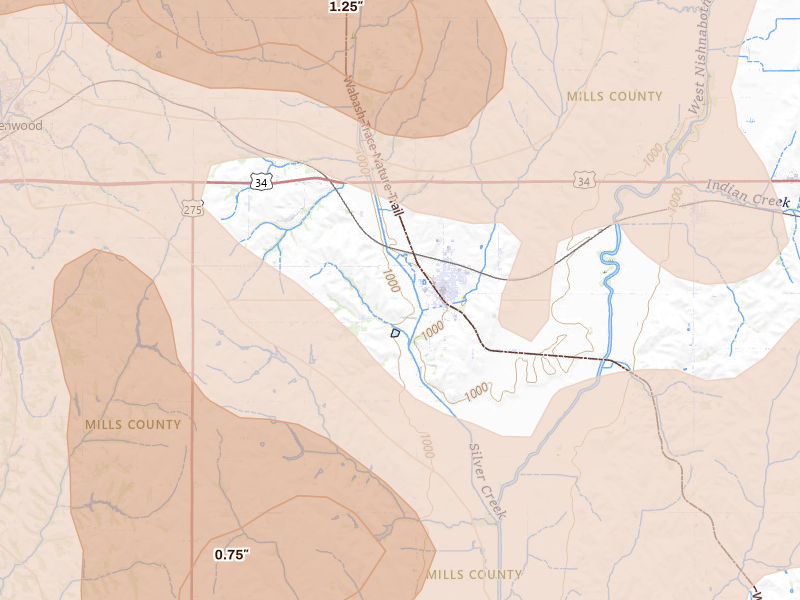 Radar-estimated hail-size map of the storm over Malvern, IA