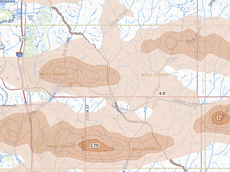 Radar-estimated hail-size map of the storm over Malvern, IA on Aug 4, 2026
