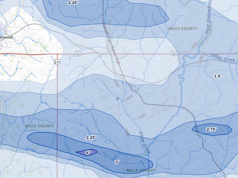 NEXRAD radar-signature map of the hail storm over Malvern, IA on Aug 4, 2026