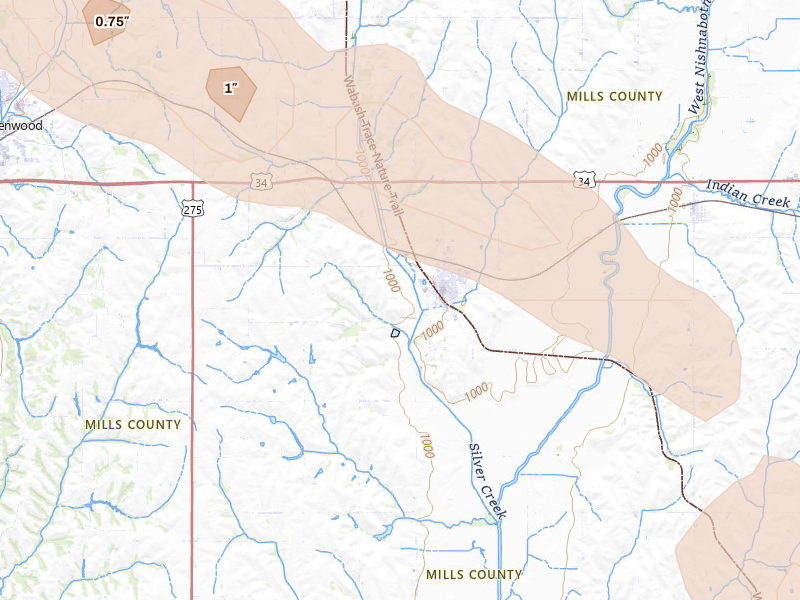 Radar-estimated hail-size map of the storm over Malvern, IA on Aug 8, 2026