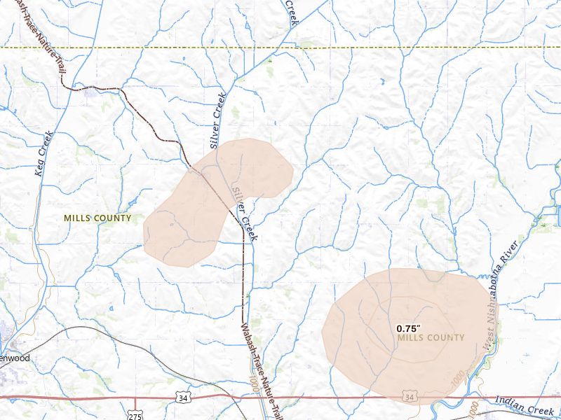 Radar-estimated hail-size map of the storm over Malvern, IA