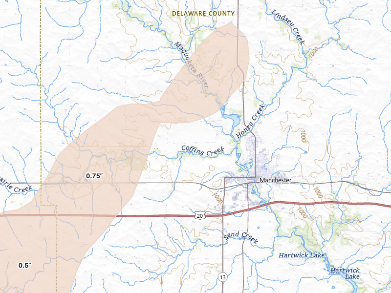Radar-estimated hail-size map of the storm over Manchester, IA on Apr 17, 2026