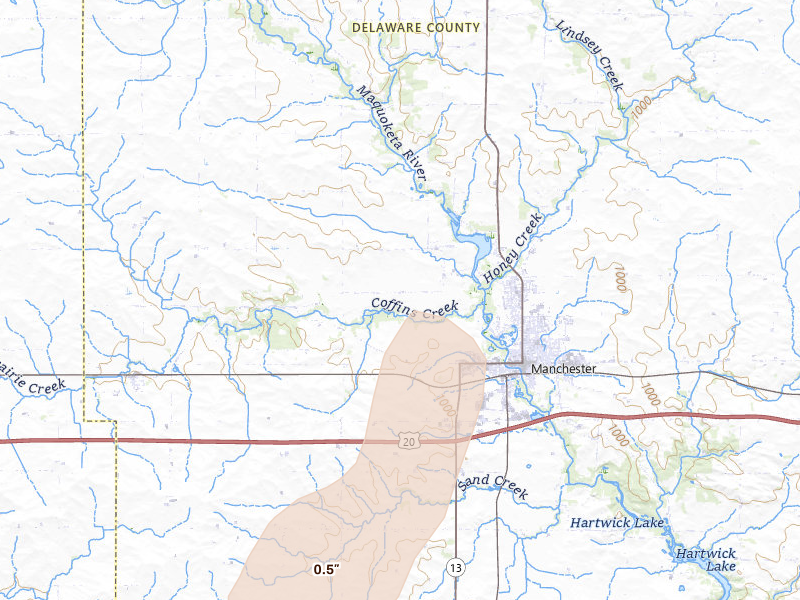 Radar-estimated hail-size map of the storm over Manchester, IA on Apr 23, 2026