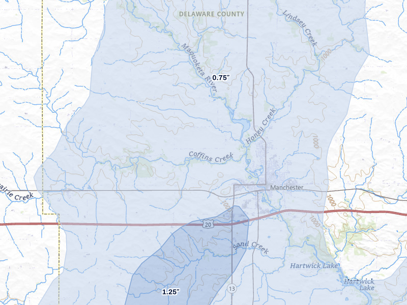 NEXRAD radar-signature map of the hail over Manchester, IA