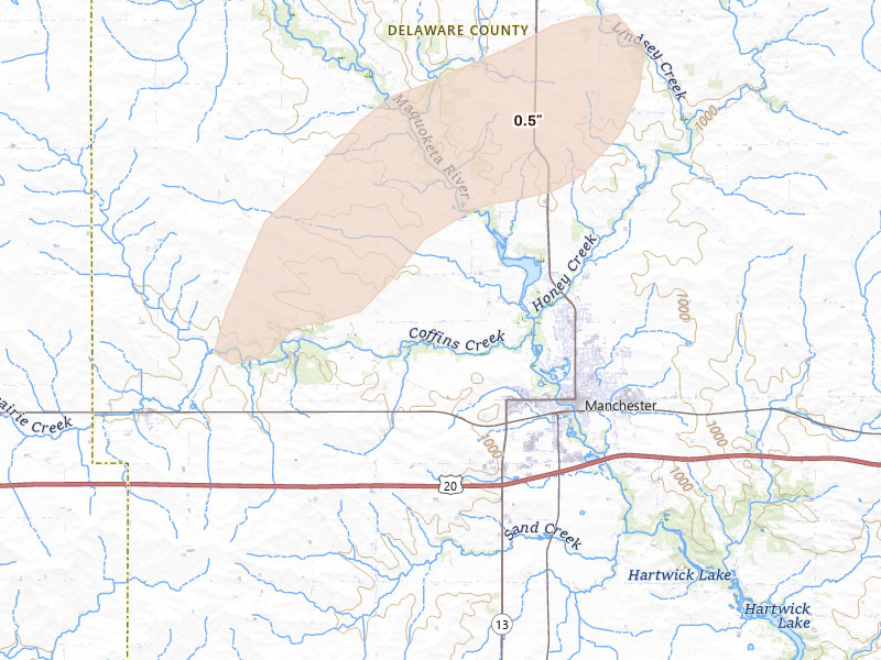 Radar-estimated hail-size map of the storm over Manchester, IA on Jun 10, 2026