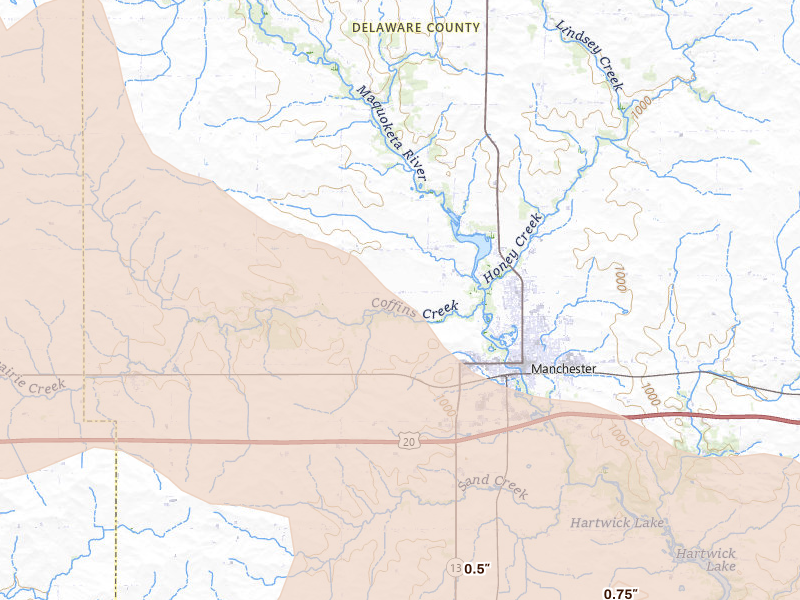 Radar-estimated hail-size map of the storm over Manchester, IA on Jun 28, 2026