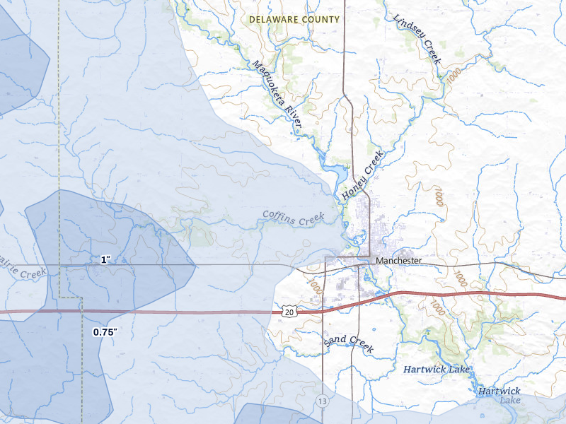 NEXRAD radar-signature map of the hail storm over Manchester, IA on Jun 28, 2026