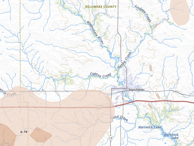 Radar-estimated hail-size map of the storm over Manchester, IA on Jul 2, 2026