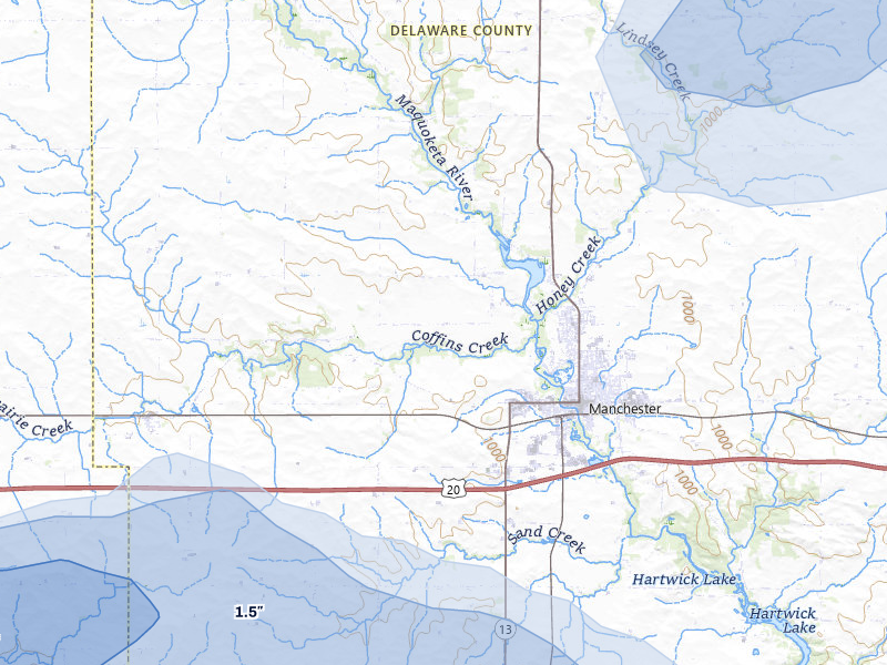 NEXRAD radar-signature map of the hail over Manchester, IA