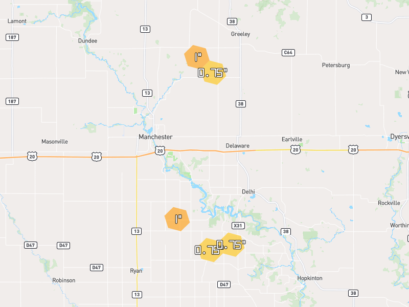Hail map of Manchester, IA on Jul 2, 2026, hail up to 1.5"