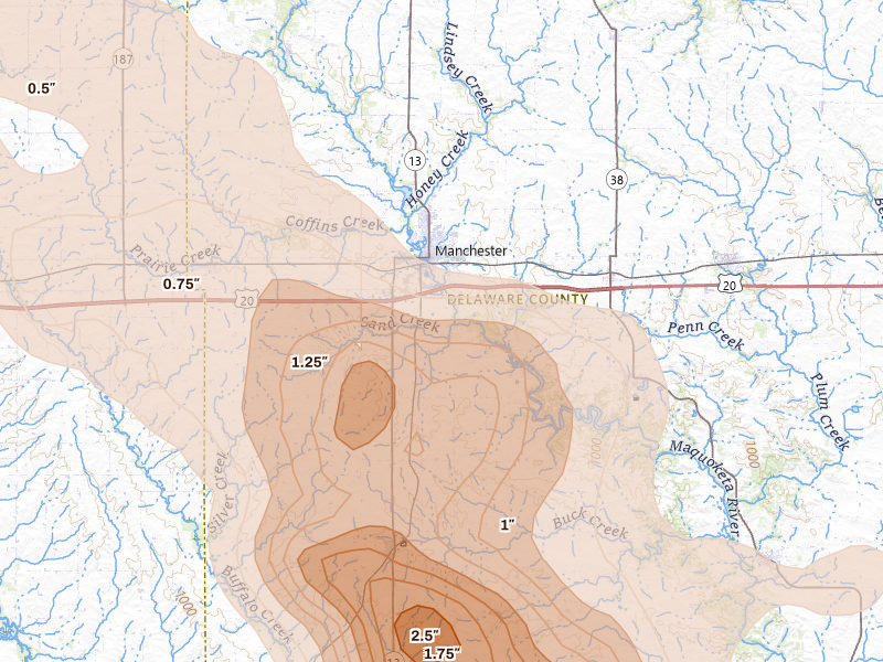 Radar-estimated hail-size map of the storm over Manchester, IA on Aug 7, 2026