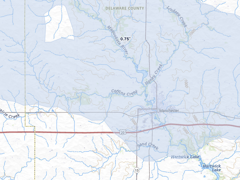 NEXRAD radar-signature map of the hail storm over Manchester, IA on Aug 11, 2026