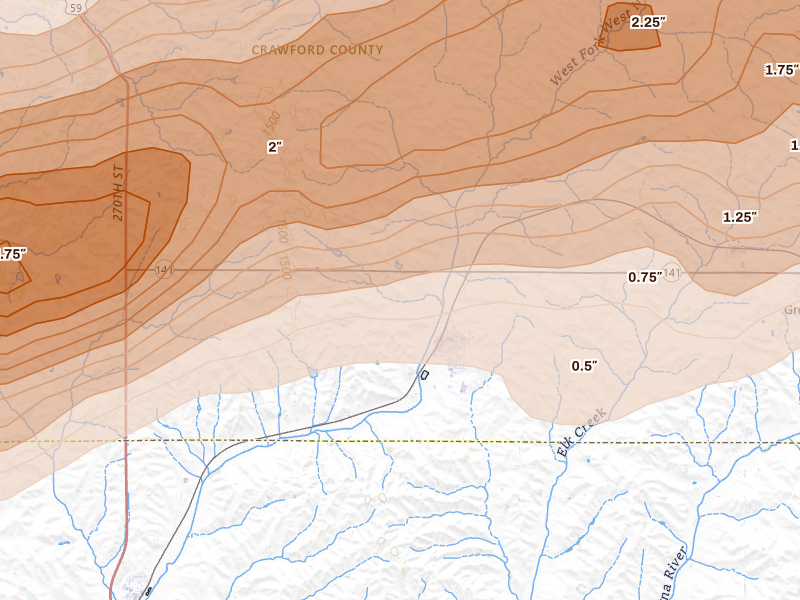 Radar-estimated hail-size map of the storm over Manilla, IA on Apr 15, 2026