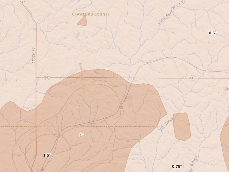 Radar-estimated hail-size map of the storm over Manilla, IA on Apr 23, 2026