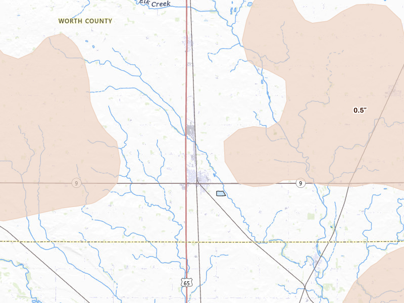 Radar-estimated hail-size map of the storm over Manly, IA on Jul 8, 2026