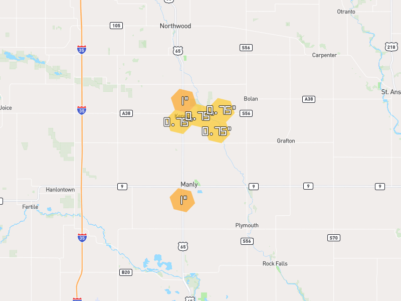 Hail map of Manly, IA on Jul 8, 2026, hail up to 1"