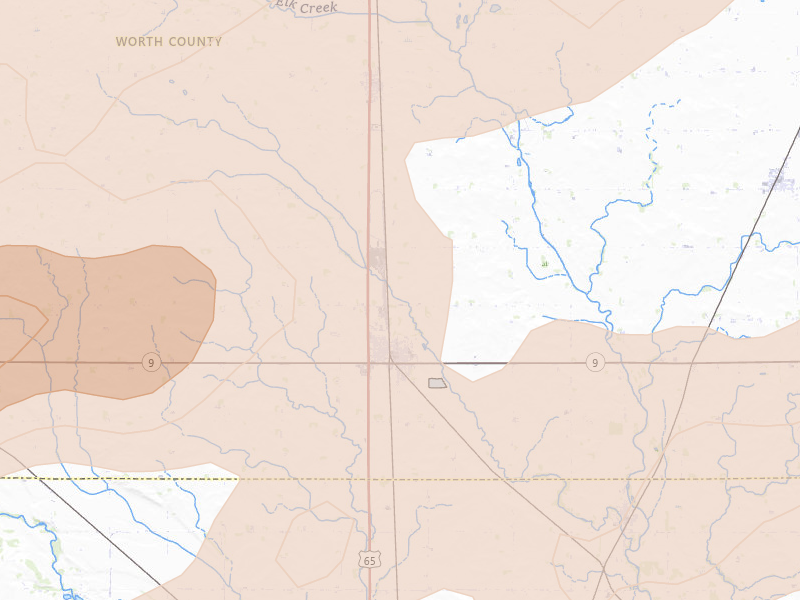 Radar-estimated hail-size map of the storm over Manly, IA on Aug 7, 2026