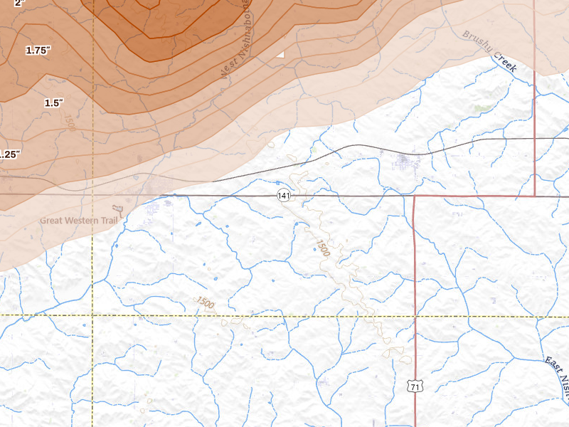 Radar-estimated hail-size map of the storm over Manning, IA on Apr 15, 2026