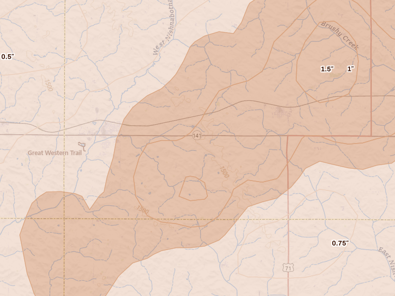 Radar-estimated hail-size map of the storm over Manning, IA on Apr 23, 2026