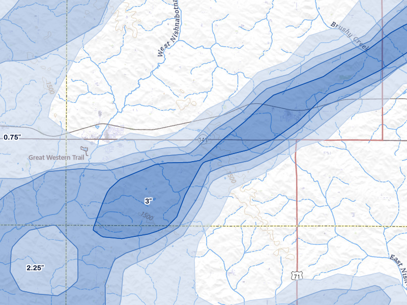 NEXRAD radar-signature map of the hail storm over Manning, IA on Apr 23, 2026