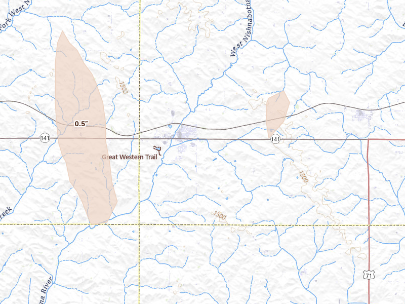 Radar-estimated hail-size map of the storm over Manning, IA on Aug 12, 2026