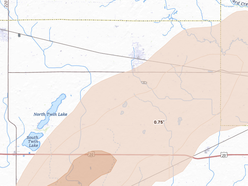 Radar-estimated hail-size map of the storm over Manson, IA on Apr 23, 2026