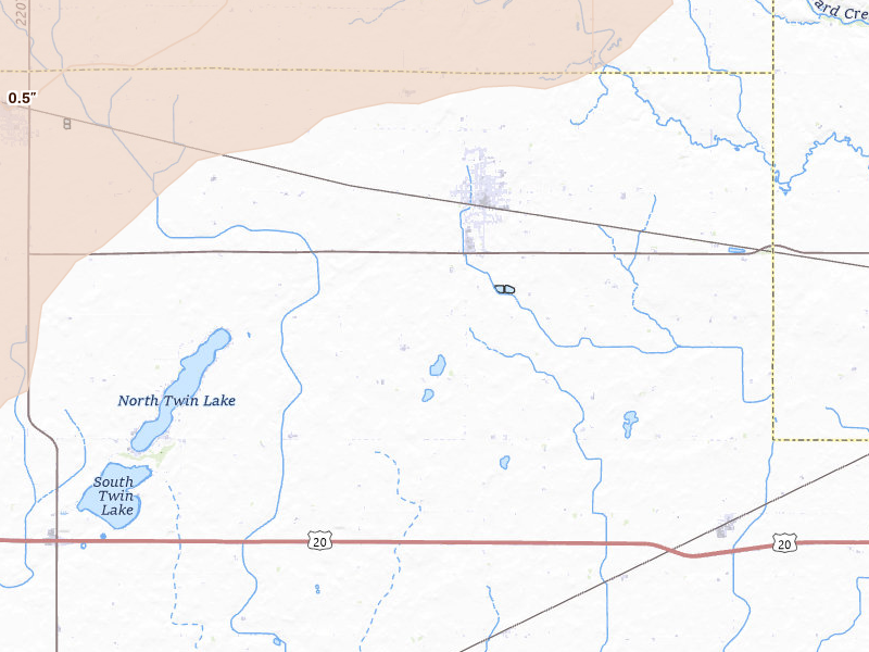 Radar-estimated hail-size map of the storm over Manson, IA on May 15, 2026