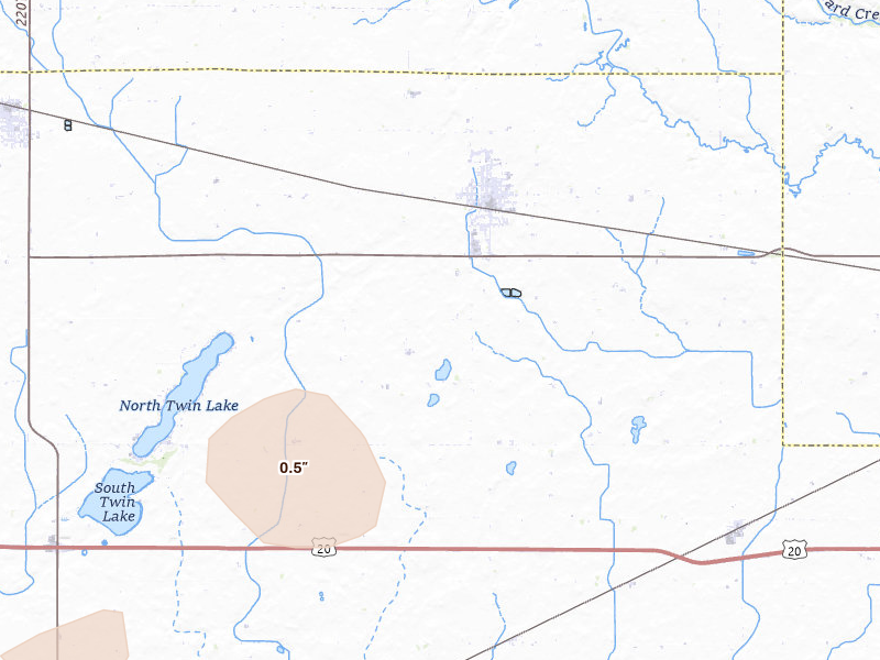 Radar-estimated hail-size map of the storm over Manson, IA on May 17, 2026