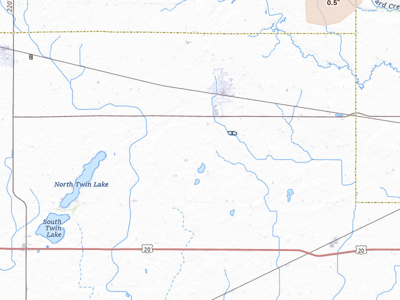 Radar-estimated hail-size map of the storm over Manson, IA on May 25, 2026