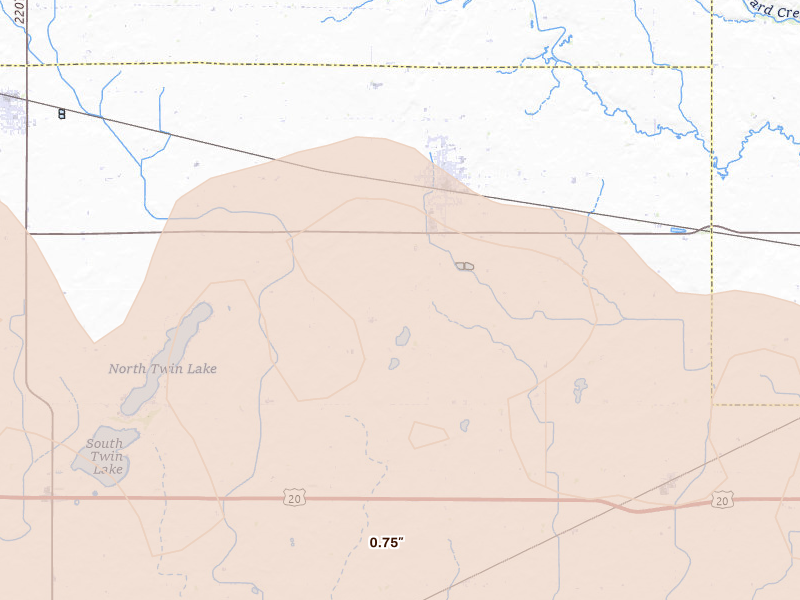 Radar-estimated hail-size map of the storm over Manson, IA on Jun 16, 2026