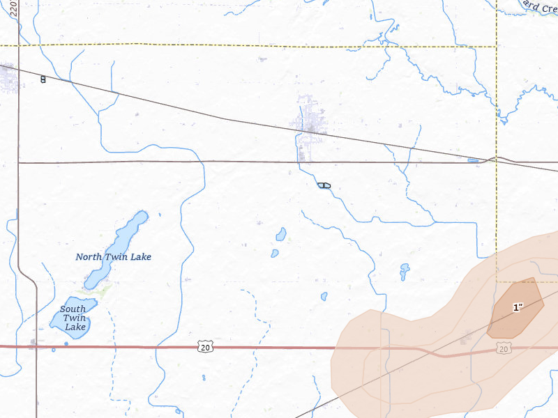Radar-estimated hail-size map of the storm over Manson, IA on Jul 2, 2026