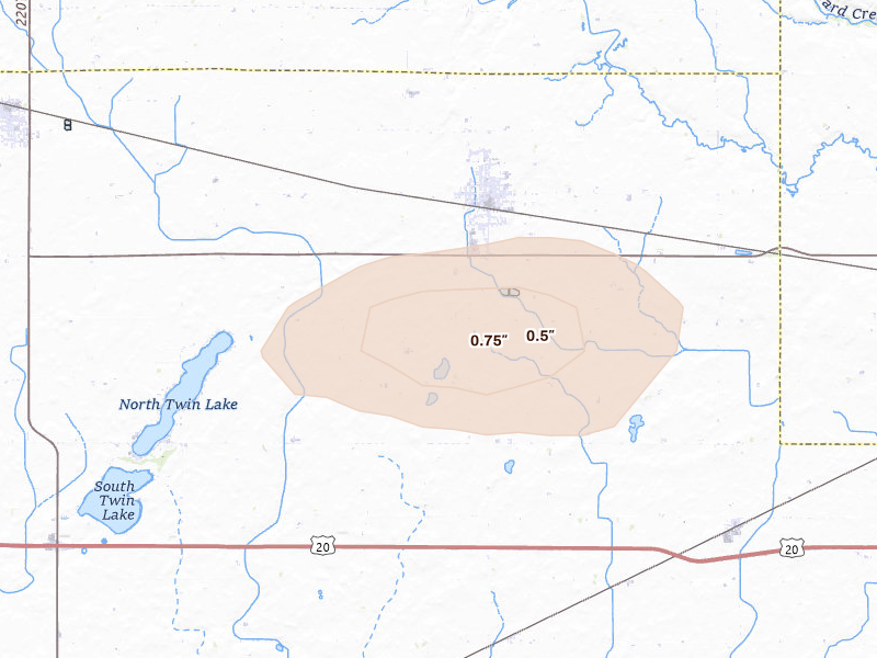 Radar-estimated hail-size map of the storm over Manson, IA on Jul 8, 2026