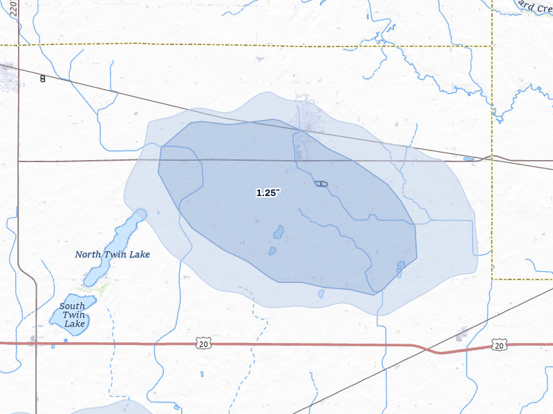 NEXRAD radar-signature map of the hail storm over Manson, IA on Jul 8, 2026