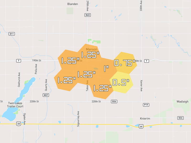 Hail map of Manson, IA on Jul 8, 2026, hail up to 1.25"