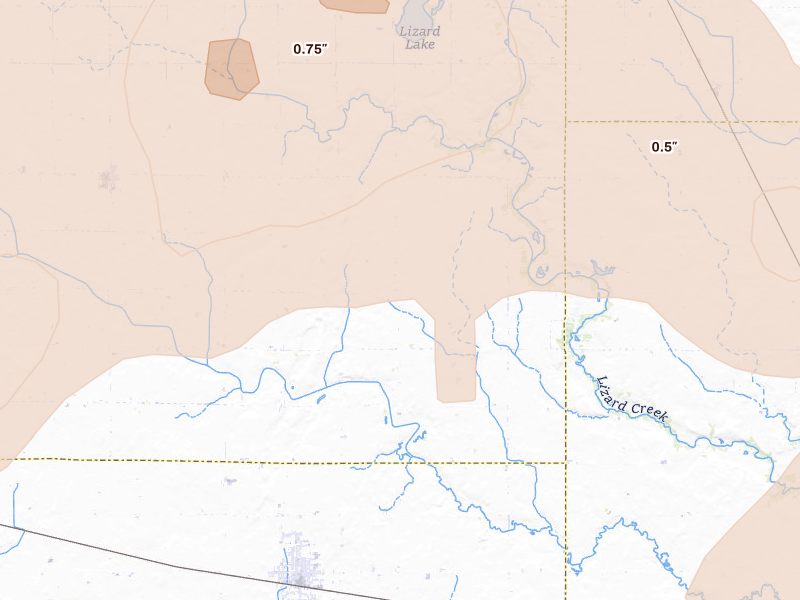 Radar-estimated hail-size map of the storm over Manson, IA on Aug 8, 2026
