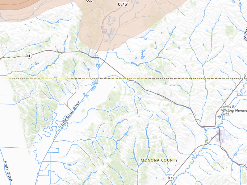 Radar-estimated hail-size map of the storm over Mapleton, IA on May 15, 2026