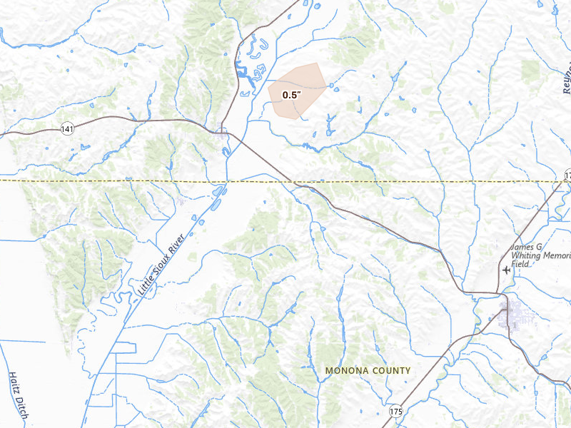 Radar-estimated hail-size map of the storm over Mapleton, IA on Jul 1, 2026