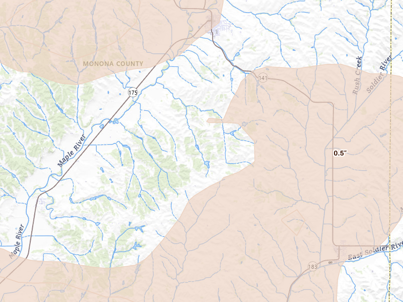 Radar-estimated hail-size map of the storm over Mapleton, IA on Jul 8, 2026