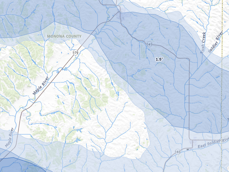 NEXRAD radar-signature map of the hail storm over Mapleton, IA on Jul 8, 2026