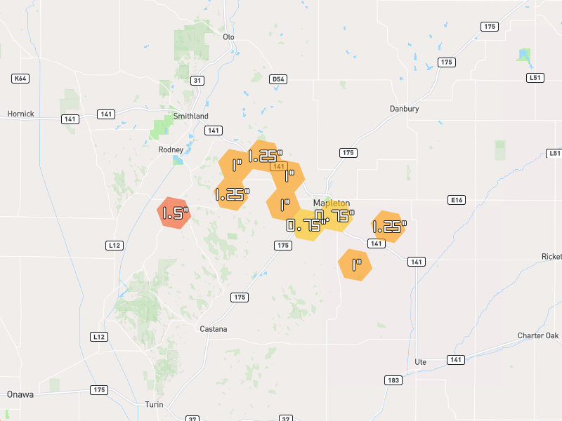Hail map of Mapleton, IA on Jul 8, 2026, hail up to 1.5"