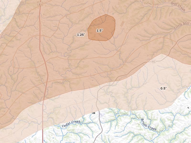 Radar-estimated hail-size map of the storm over Maquoketa, IA on Apr 17, 2026