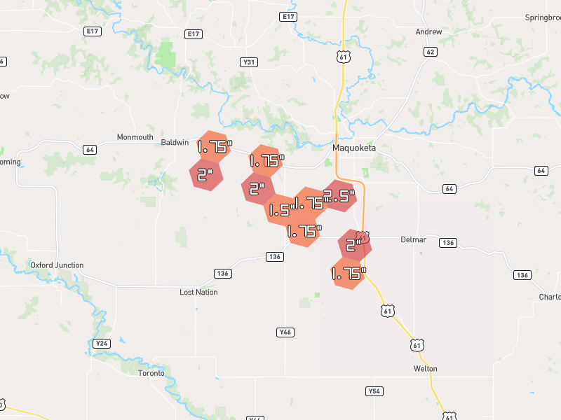 Hail map of Maquoketa, IA on Jun 28, 2026, hail up to 2.5"