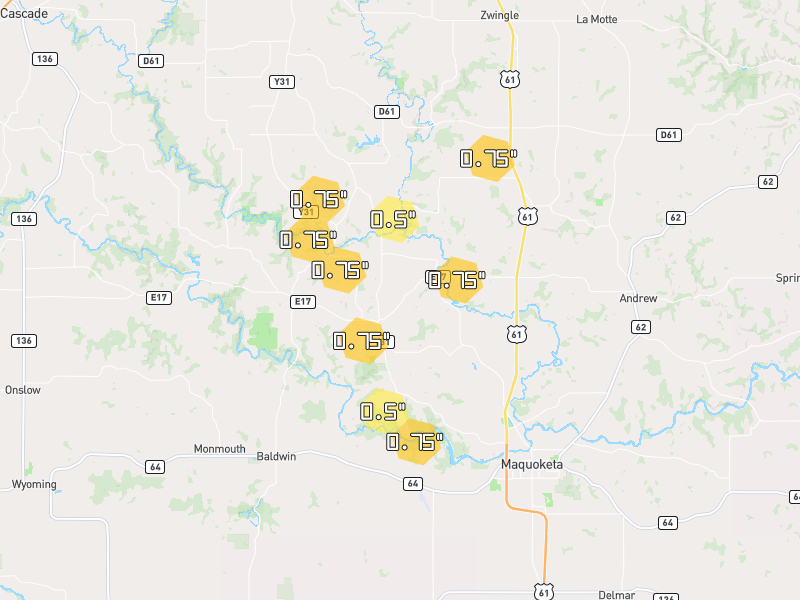 Hail map of Maquoketa, IA on Jul 3, 2026, hail up to 0.75"